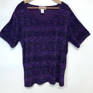 Lady J Top Woman 2X Purple  Slinky Knit Geometric Short Sleeve Scoop Neck Office